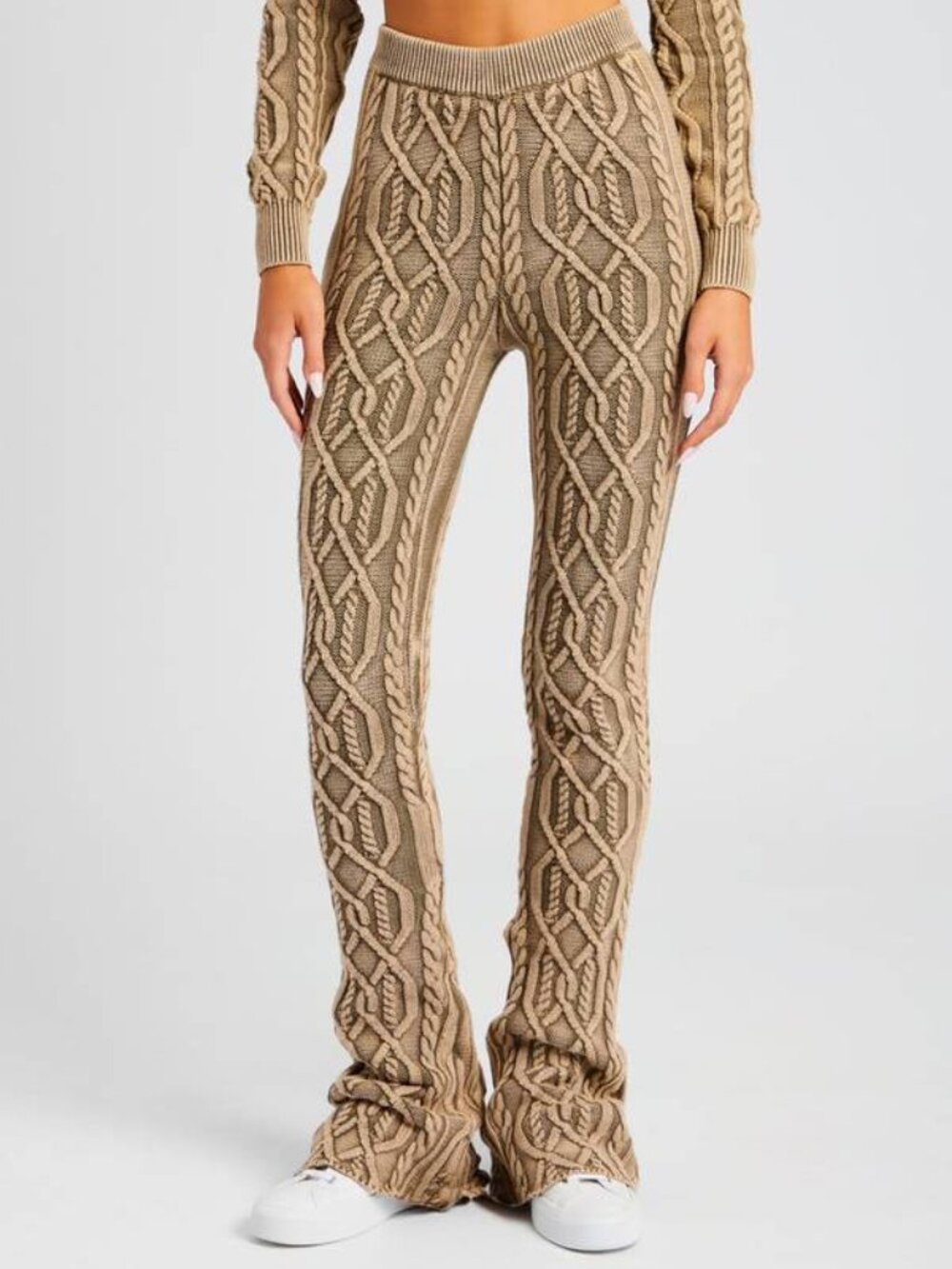 NEW SER.O.YA Cayenne Cable Knit Flare Pants Washed Tan